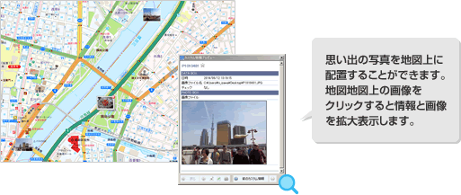 思い出の写真を地図上に配置することができます。地図地図上の画像をクリックすると情報と画像を拡大表示します。