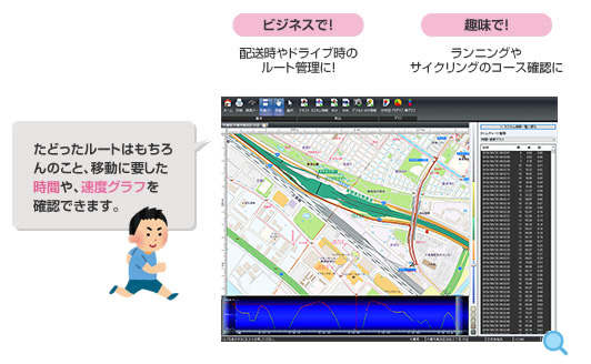 たどったルートはもちろんのこと、移動に要した時間や、速度グラフを確認できます。