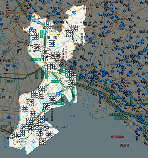 千葉県の市川市および浦安市のカスタム情報を抽出した例 千葉県の市川市および浦安市のカスタム情報を抽出した例
