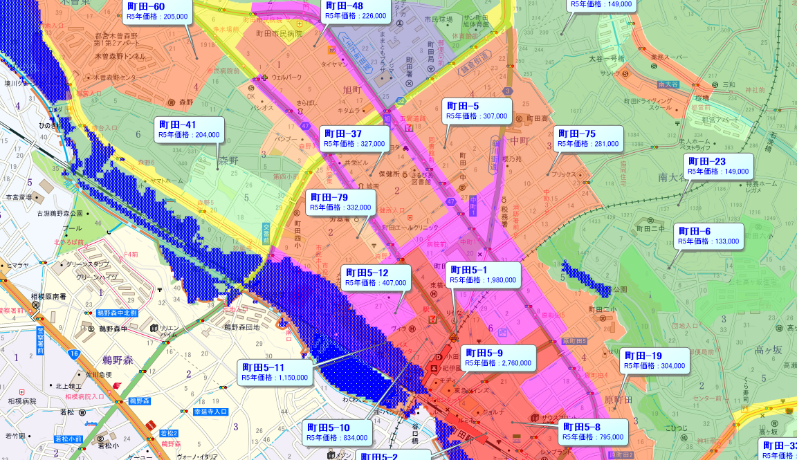 地図にオープンデータを重ねた表示例(町田市) 地図にオープンデータを重ねた表示例(町田市)